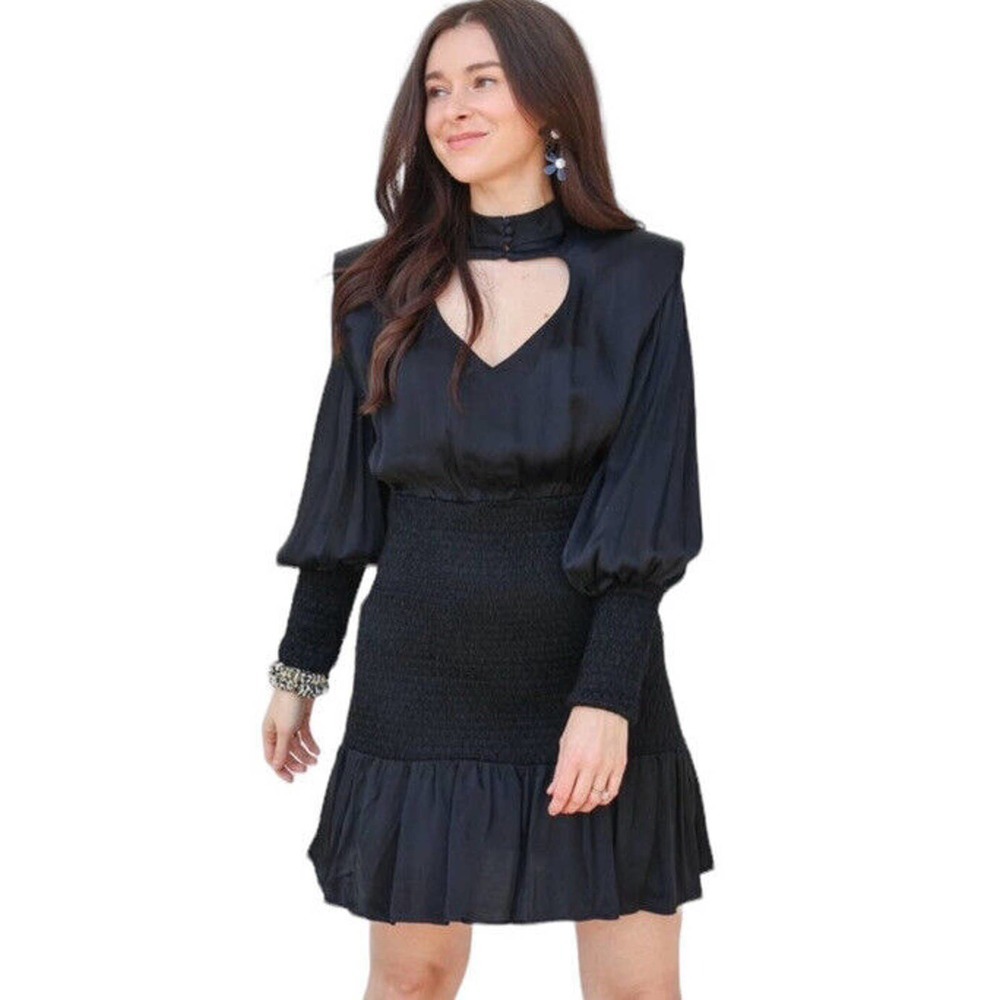Farm Rio Heart Neckline Mini Dress Size XS Black Ruffle Mock Neck‎ Valentines